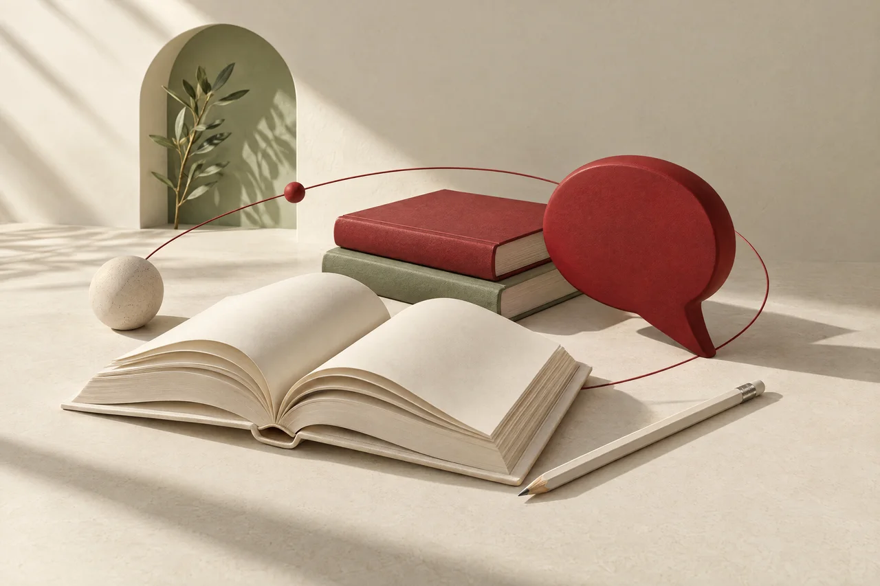 Ilustración de libros, un lápiz y un bocadillo de conversación en tonos marfil, rojo y verde salvia.